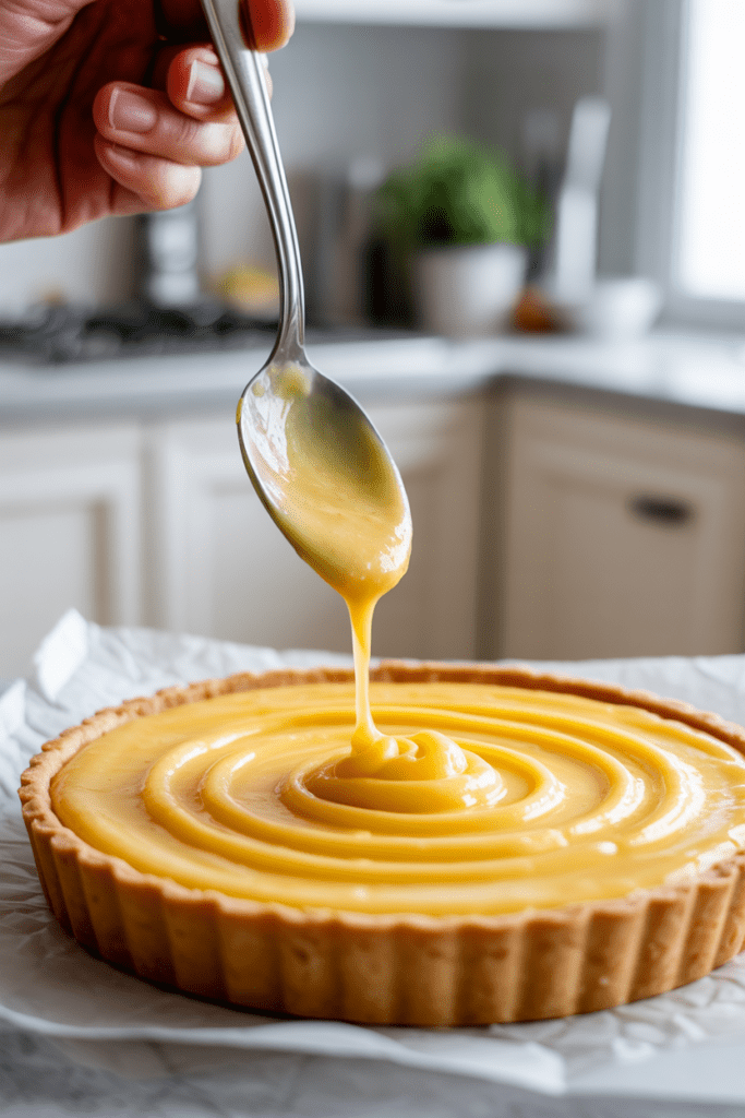 Real-life close-up of grapefruit curd tart, a citrus dessert with smooth pink grapefruit curd and crisp golden crust, styled on a white surface in a bright kitchen with soft natural light and minimal props.