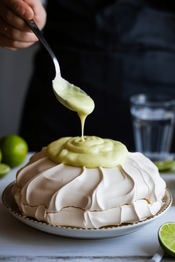 Real-life photo of lime pavlova, a citrus dessert featuring crisp meringue with marshmallowy center topped with vibrant lime curd, styled on a bright white counter in a modern kitchen with soft natural lighting and minimal props.