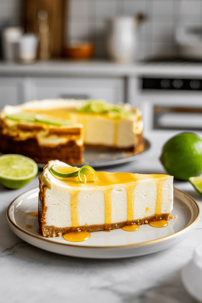Real-life photo of margarita cheesecake, a citrus-inspired dessert with creamy lime filling and a salty-sweet crust, styled on a bright white kitchen surface with soft natural lighting and minimal props.