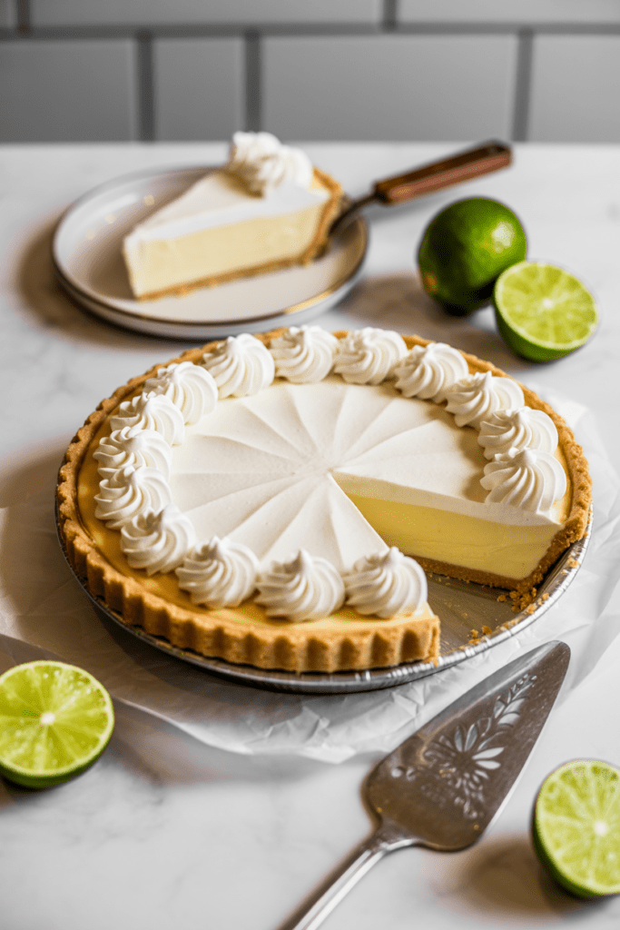 Real-life photo of key lime pie, a creamy citrus dessert with a clean slice removed, showing its tangy filling and crumbly crust, styled on a bright white kitchen counter with soft natural lighting and minimal props.