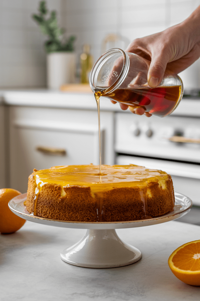 Real-life photo of an orange olive oil cake, a warm citrus dessert with a naturally glossy top and subtle crumb texture, styled on a bright white kitchen counter with soft natural light and minimal props for a clean, modern look.