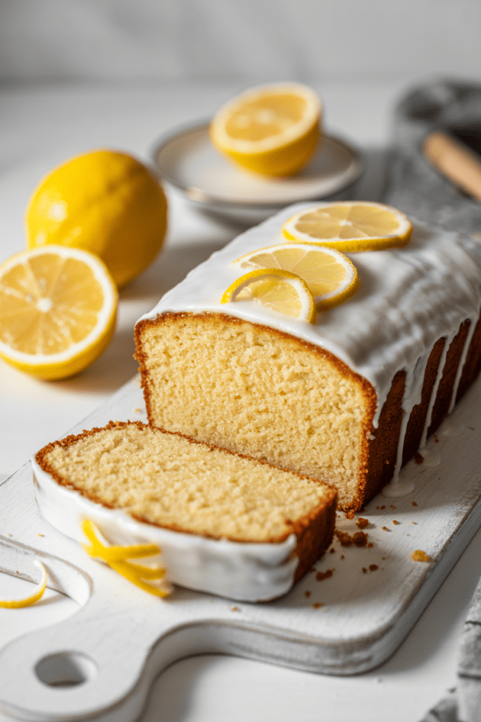Real-life image of lemon loaf cake, a citrus dessert sliced to reveal its tender crumb, styled on a white cutting board in a bright kitchen with soft natural light and minimal props.