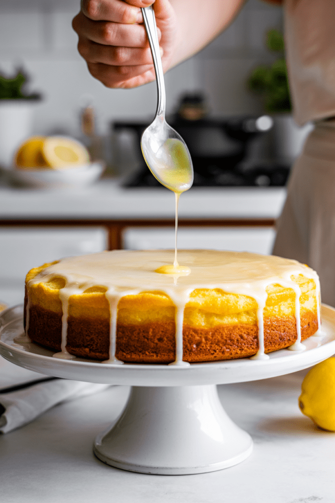Real-life image of lemon bliss cake, a tall citrus dessert with glaze dripping from above, captured in a bright white kitchen with soft shadows and a clean, modern styling setup.