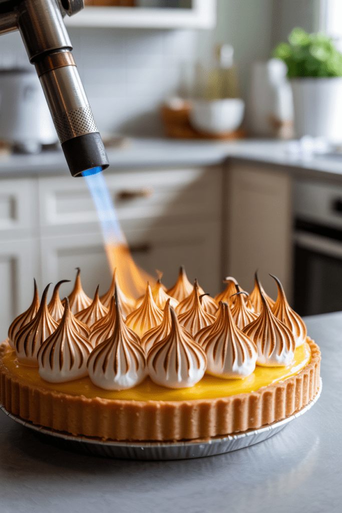 Real-life close-up of lemon meringue pie, a citrus dessert featuring glossy toasted meringue swirls over bright lemon custard, styled in a white kitchen with soft natural window light and minimal props.