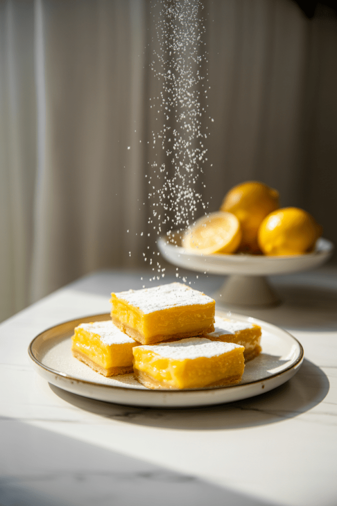 Real-life photo of lemon bars, a bright citrus dessert with powdered sugar dusted over golden squares, styled on a white plate in a modern white kitchen with soft natural lighting and minimal props.