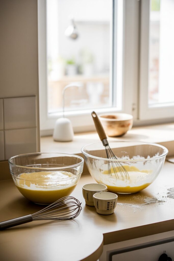 A bright, airy kitchen countertop scene. Mixing bowls filled with batter, flour dust lightly scattered, a whisk and measuring cups casually placed — soft morning light streaming through a window, warm and inviting. Style: editorial food photography, 2:3 vertical ratio.