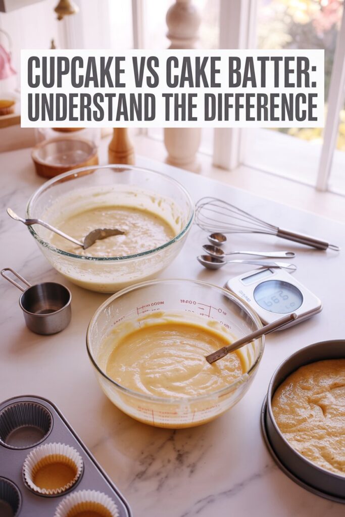 A bright overhead flat-lay of baking essentials on white marble: two mixing bowls (one with thick cupcake batter, one with thinner cake batter), measuring cups and spoons, whisk, digital kitchen scale, a cupcake tin with a few filled liners, and a round cake pan beside it. Soft natural window light, warm cozy kitchen vibe, pastel tones (light creams, soft browns). Add large modern text overlay at top: “Cupcake vs Cake Batter: Understand the Difference”. Clean editorial style, slight depth-of-field blur, 2:3 vertical ratio.