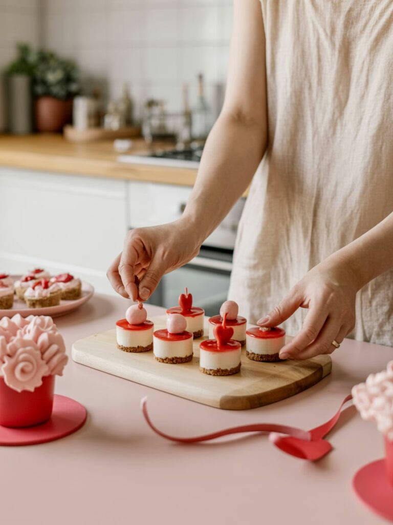 Real life photo of hands arranging bite-sized desserts on a Valentine’s party table:minimal decor,soft reds and blush tones,clean modern kitchen background,natural daylight,candid hosting moment,no text.
