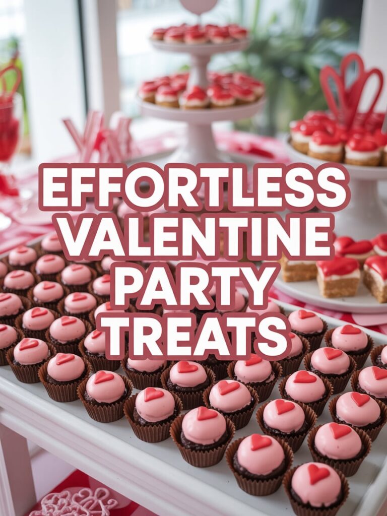Pinterest-style real life photo of a stunning
Valentine dessert table overflowing with bite-sized treats,bold readable overlay text:Effortless Valentine Party Treats,high contrast typography,bright natural light,viral aesthetic.
