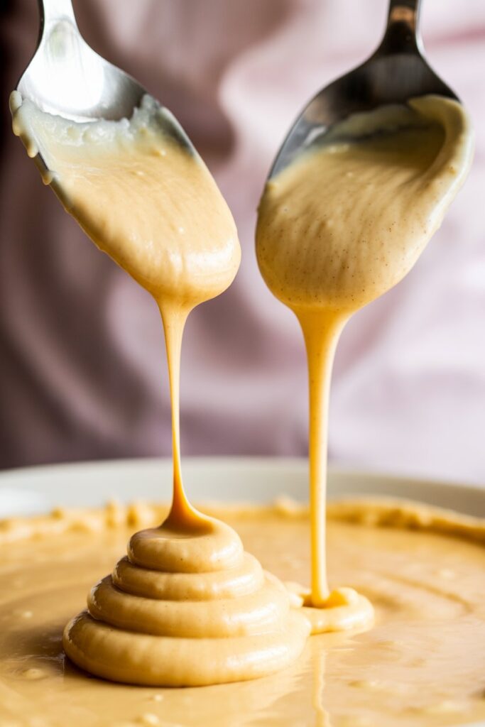 A close-up shot from above showing two spoons or spatulas: one lifting thick, creamy cupcake batter (thick ribbon), the other lifting thinner, runnier cake batter (smooth pour). Minimal background, soft warm light, emphasis on texture and contrast