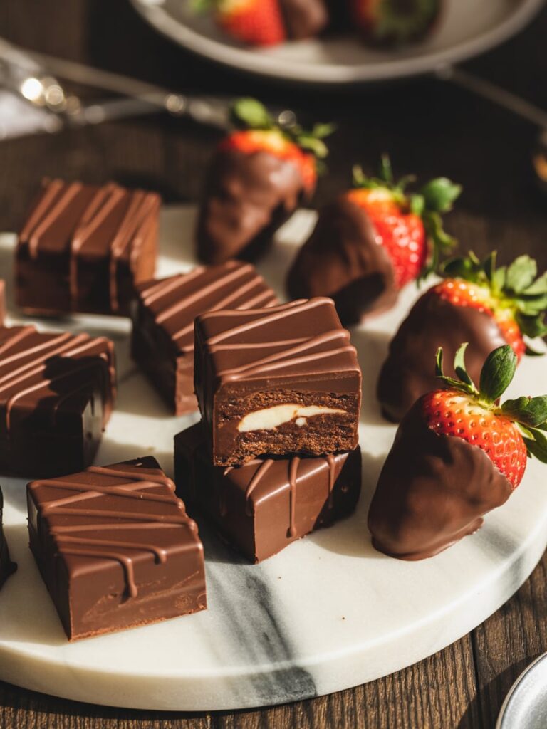 Real life food photography of rich chocolate party desserts:brownie bites,drizzled chocolate bark,glossy chocolate-dipped strawberries on a marble board,warm moody light,luxury dessert aesthetic,no text.
