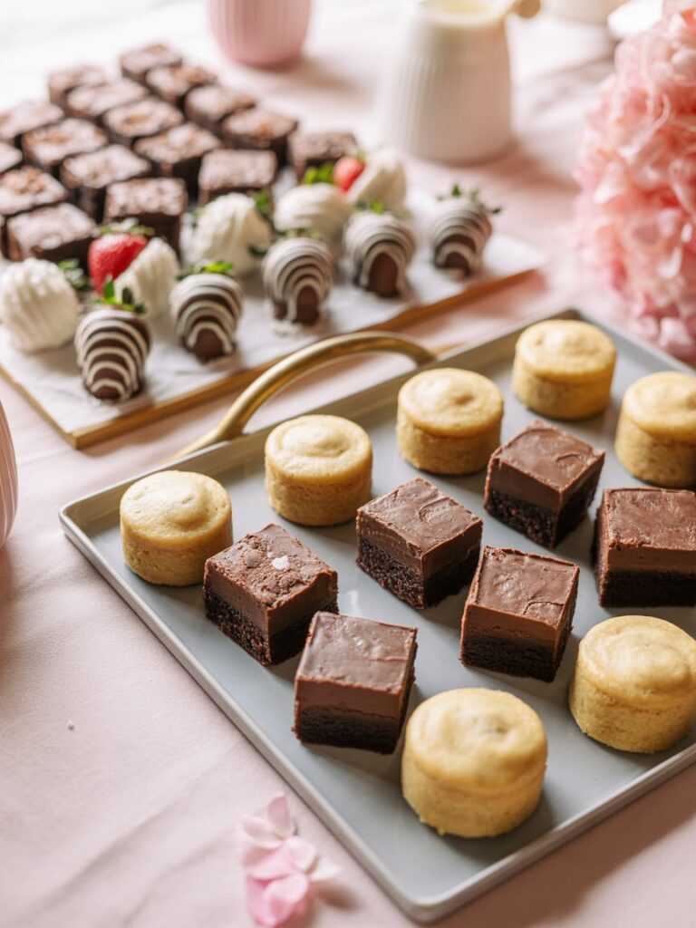 Real life food photography of a close-up party spread showing bite-sized desserts arranged neatly on trays:brownies,cookies,chocolate strawberries,soft romantic color palette,warm ambient light,editorial style,no text.
