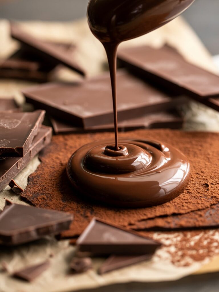 Close-up real life photo of chocolate textures:melted chocolate being spread,chocolate shards,crumbs on parchment,warm tones,shallow depth of field,editorial food photography,no text.
