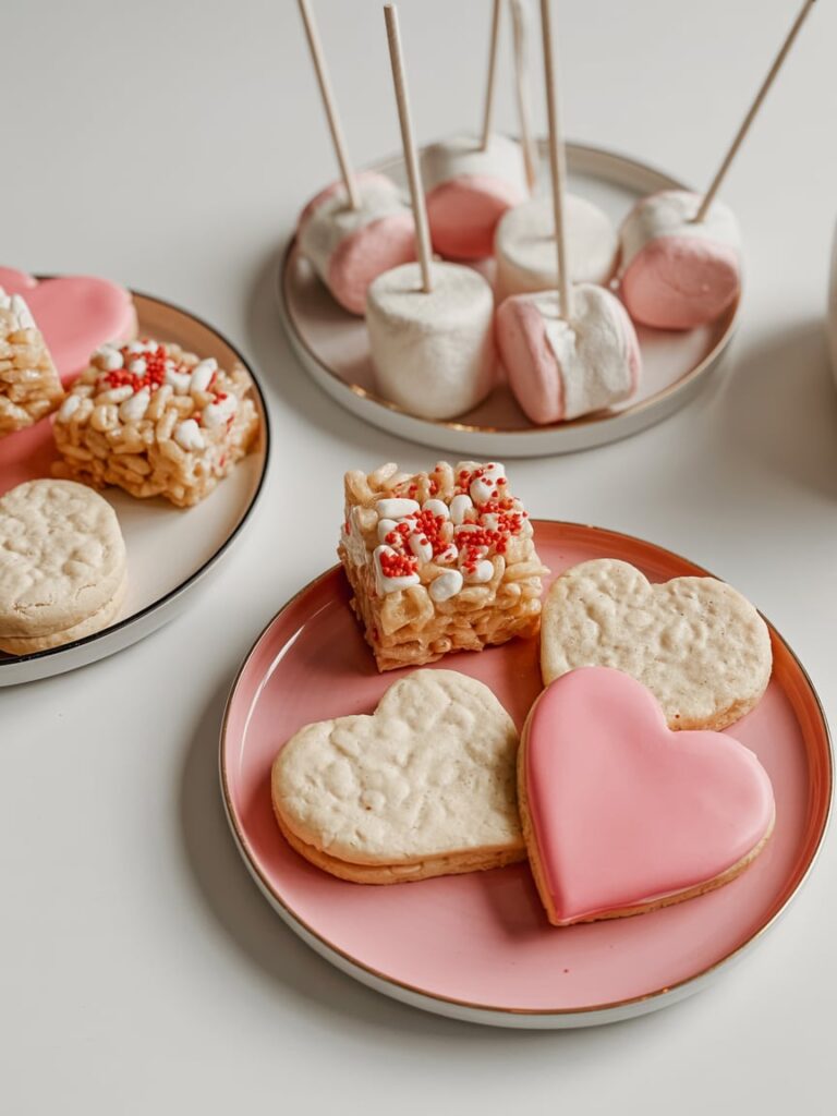 Real life photo of simple Valentine’s party treats:sugar cookies,Rice Krispie treats,marshmallow pops arranged casually on plates,bright natural light,playful yet clean styling,no text.
