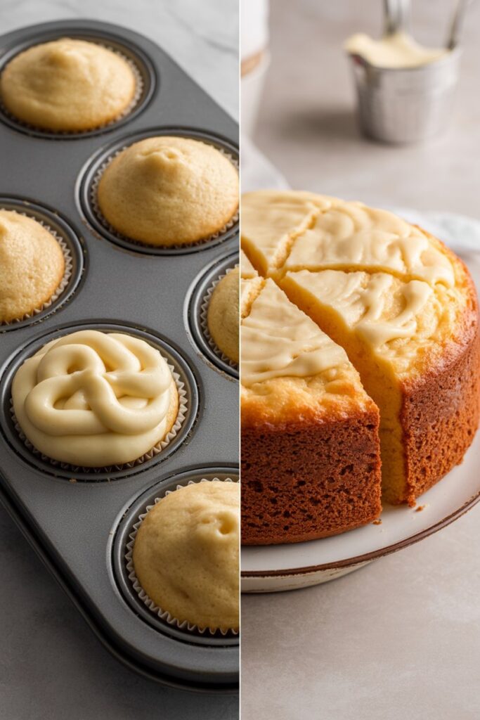 A split-panel illustration/photo collage: left shows cupcakes misshapen and flat (cake batter in cupcake tin), right shows a cake with a peaked, cracked center (cupcake batter in cake pan). Soft neutral background, realistic food photography style,