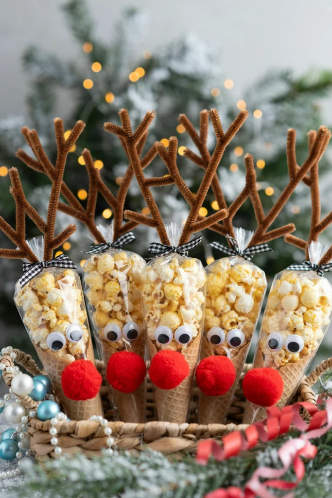 Small popcorn bags decorated with googly eyes, pretzel antlers, and a red pom nose