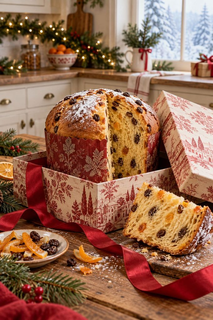 Tall golden panettone in a paper box with a slice cut to show candied fruit