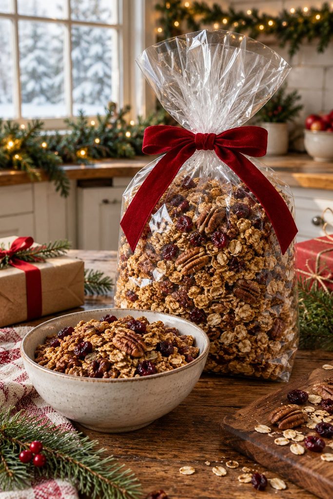 Bag of maple pecan granola tied with a red ribbon