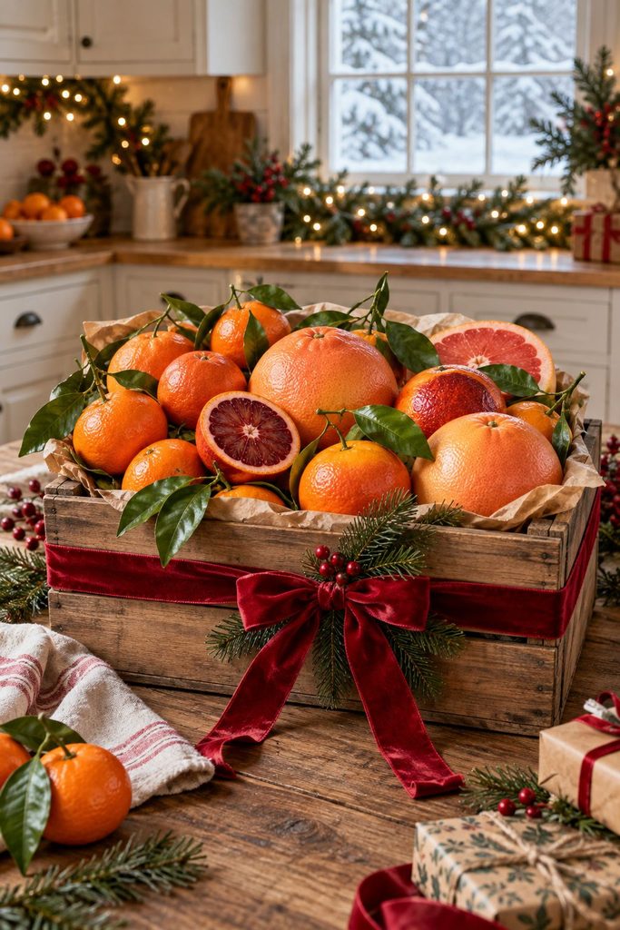 Wooden crate of satsumas, blood oranges, and grapefruit