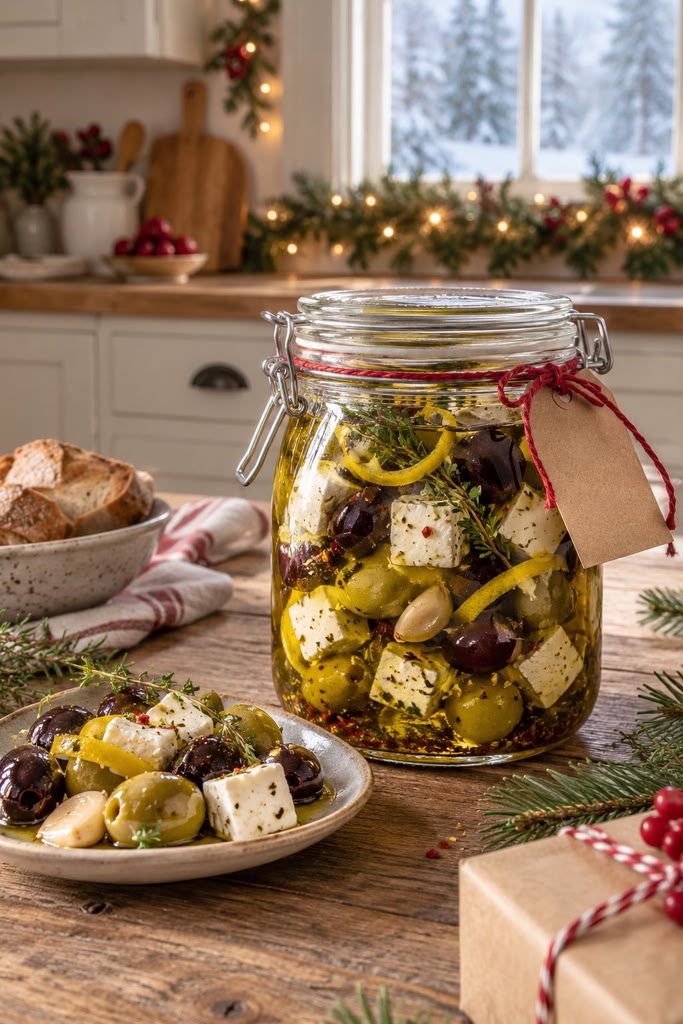 Jar of marinated olives and feta with lemon peel and thyme