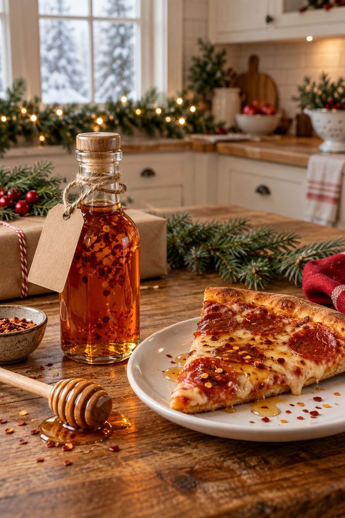 Bottle of hot honey with chili flakes drizzled over pizza