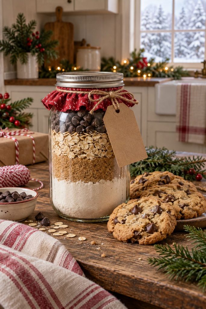 Layered cookie mix in a mason jar with a handwritten recipe tag