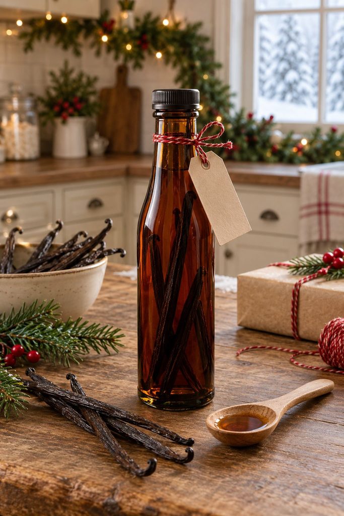Bottle of homemade vanilla extract with vanilla beans inside