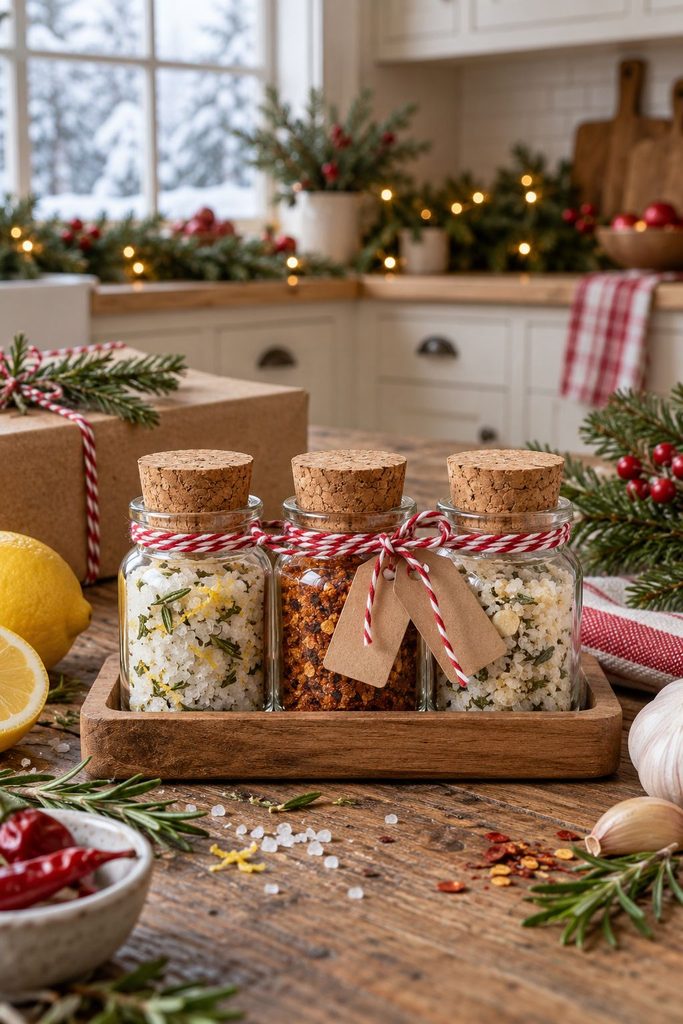 Three small jars of flavored finishing salts