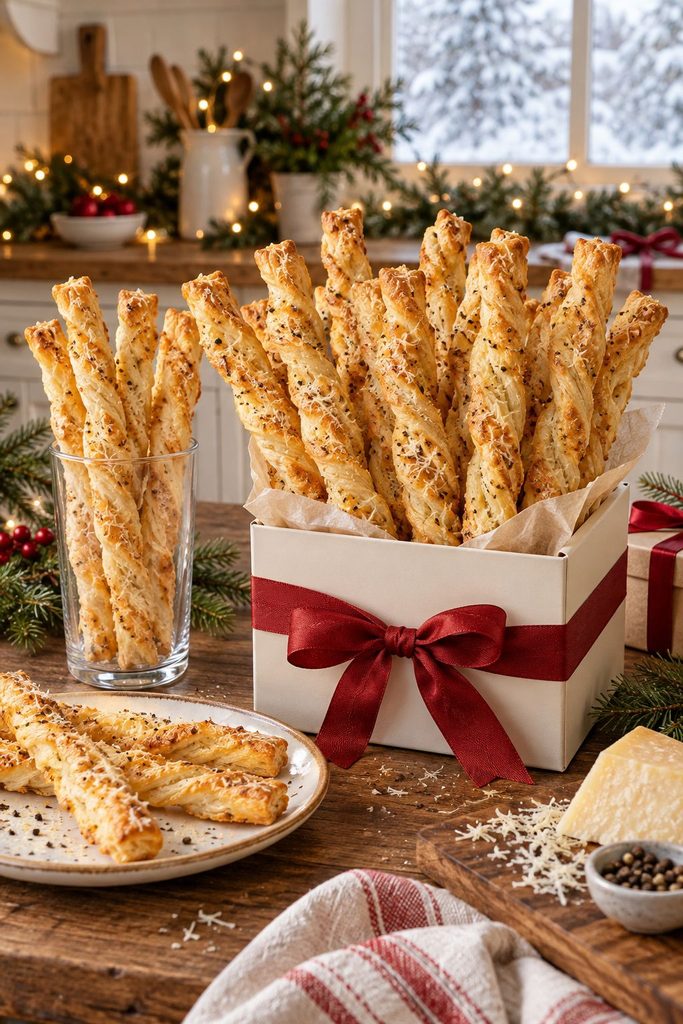 Golden Parmesan cheese straws standing in a tall glass