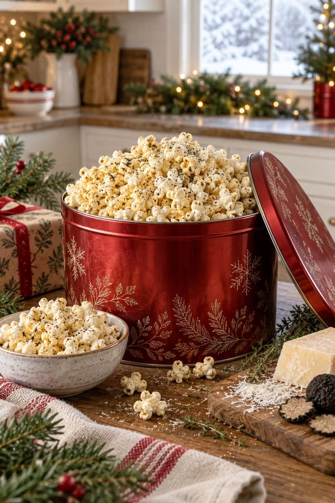 Holiday tin filled with truffle Parmesan popcorn
