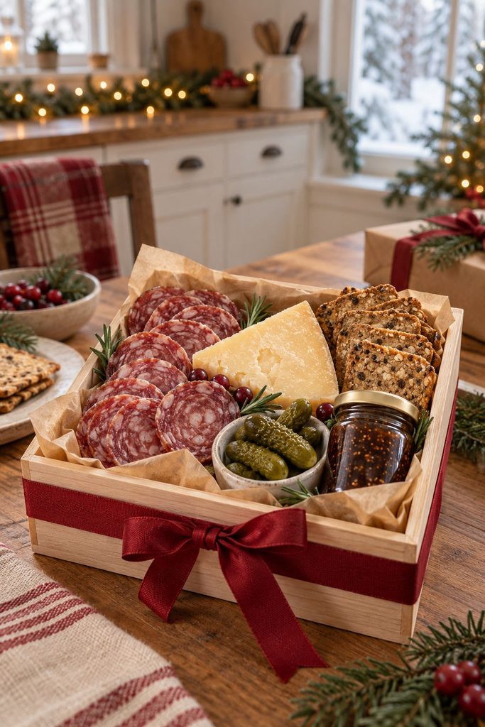 Mini charcuterie gift box with salami, cheddar, crackers, and fig jam