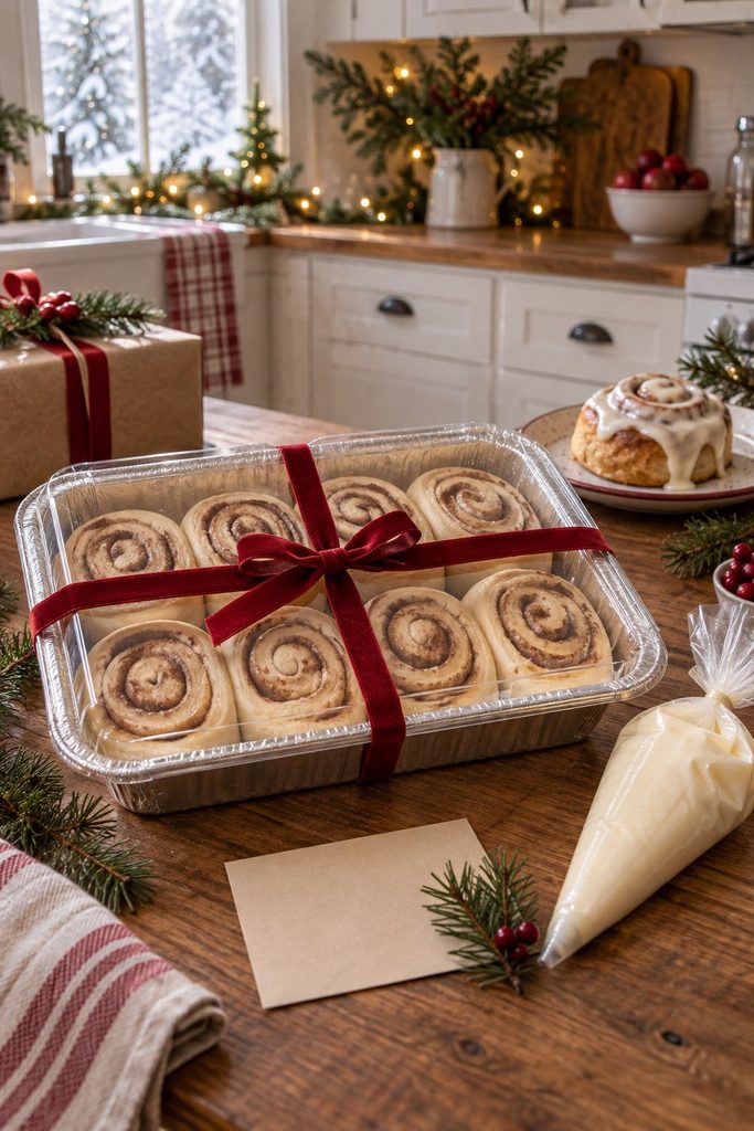 Unbaked cinnamon rolls in a foil pan with an icing pouch and bow
