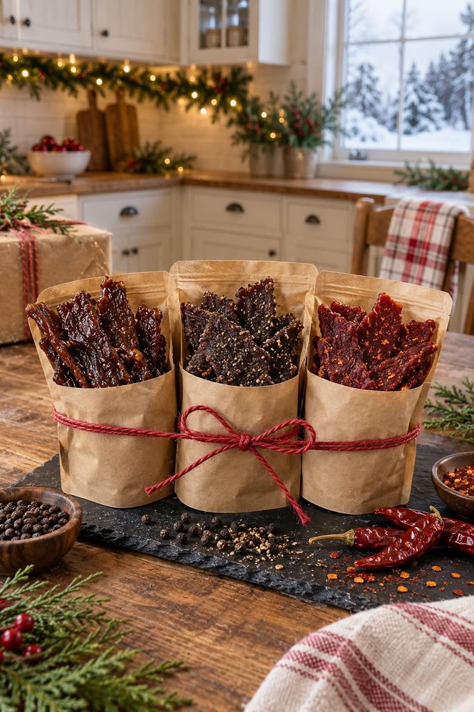Three bags of craft jerky on a slate board