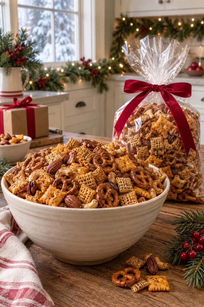 Bowl of crunchy spicy snack mix with cereal, pretzels, and cheese crackers