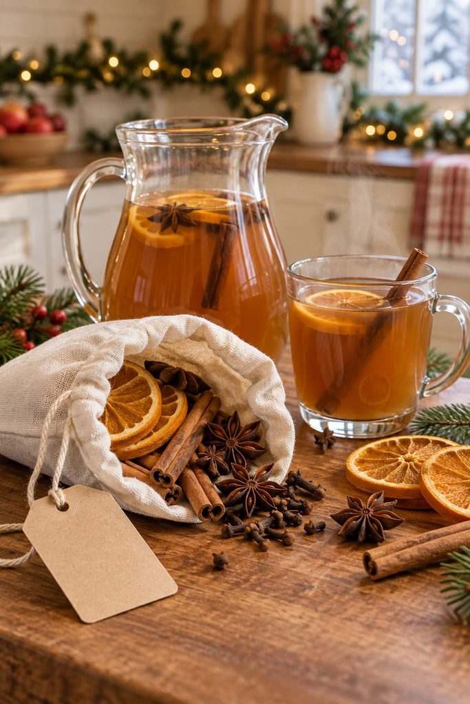 Mulling spice pouch with cinnamon sticks, star anise, and dried oranges beside cider