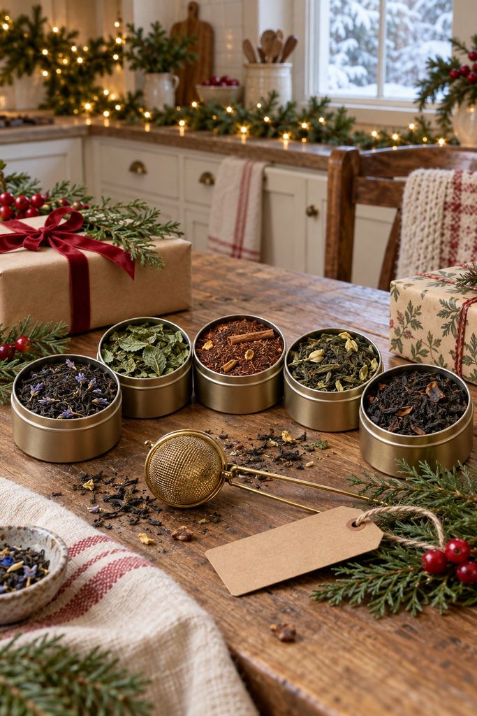 Five tins of loose-leaf tea with a brass tea strainer