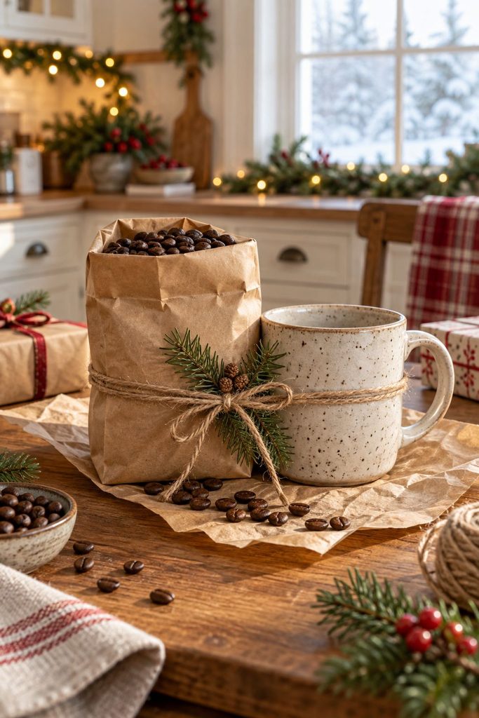 Bag of small-batch coffee beans paired with a speckled mug
