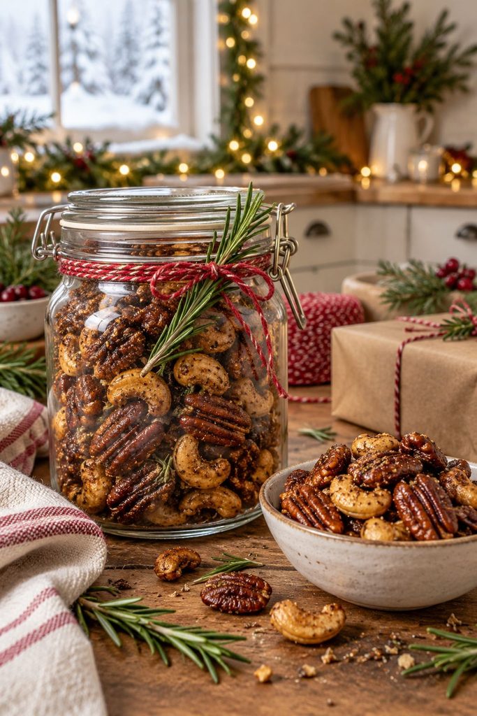 Jar of rosemary spiced pecans and cashews
