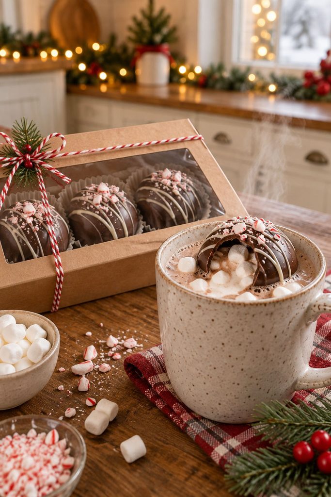 Hot chocolate bomb melting into a mug of hot milk with marshmallows
