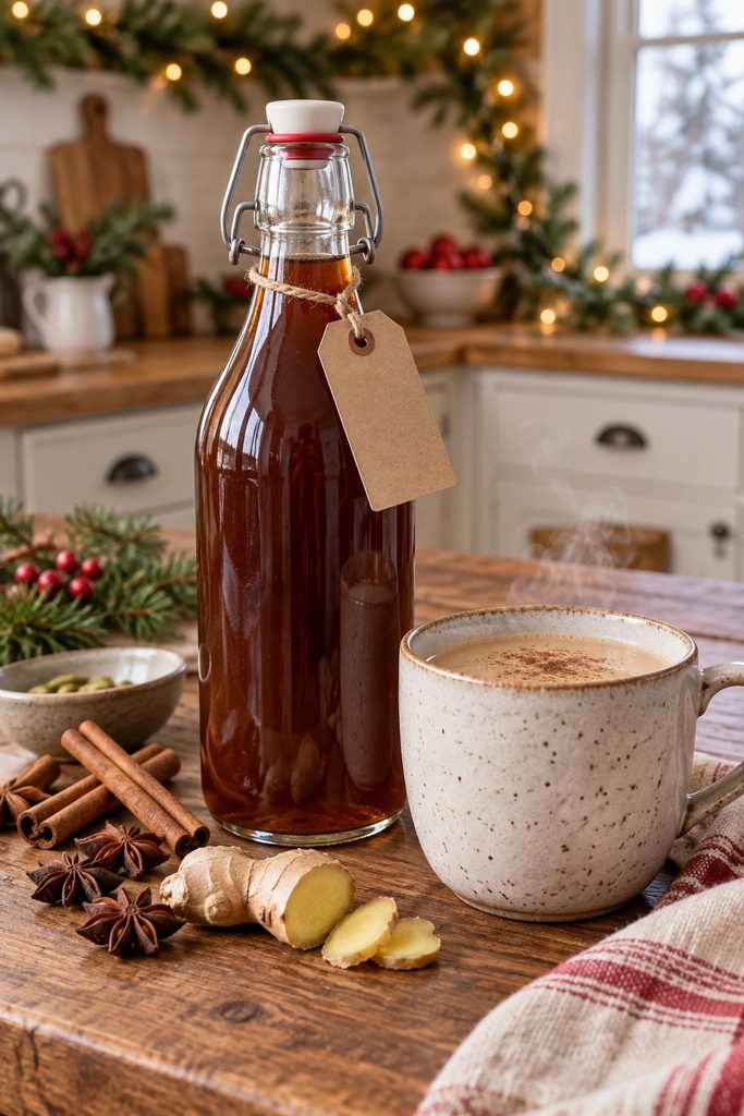 Bottle of homemade chai concentrate next to a mug of steaming chai