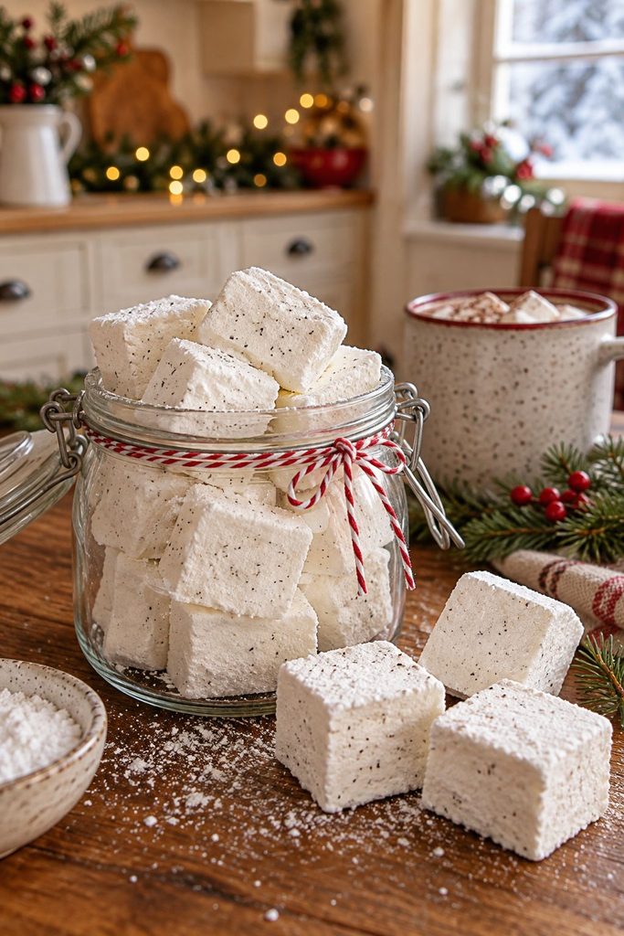 Homemade vanilla bean marshmallows dusted in powdered sugar