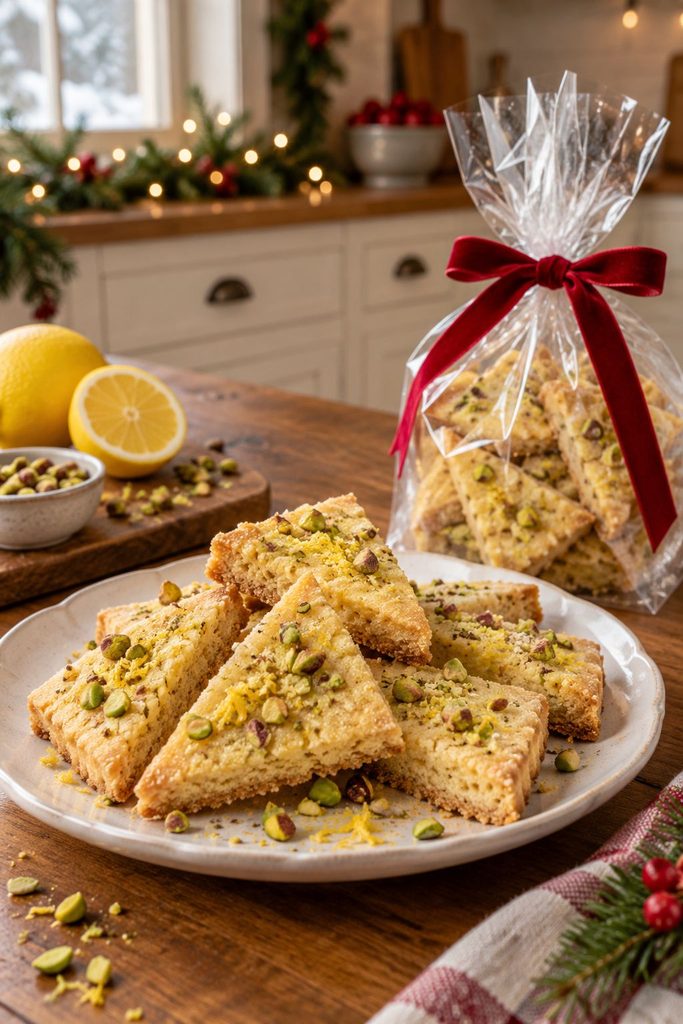 Lemon pistachio shortbread wedges on a white plate