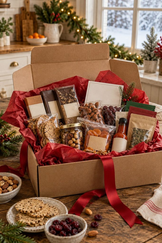 Open subscription box with small-batch snacks, chocolate, and tea