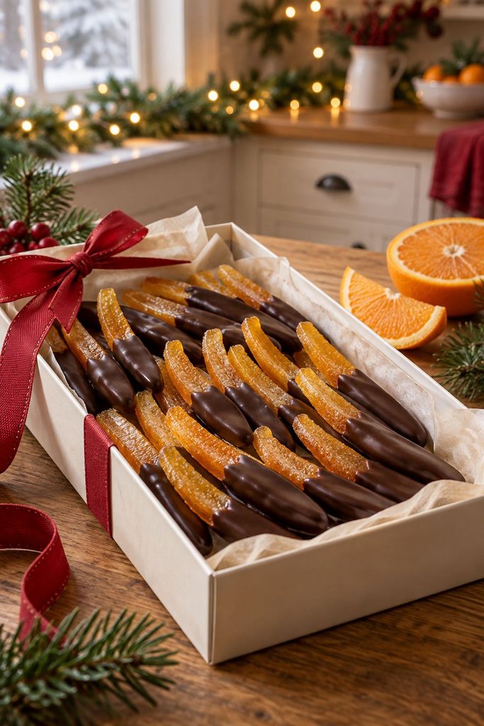 Candied orange peels half-dipped in dark chocolate