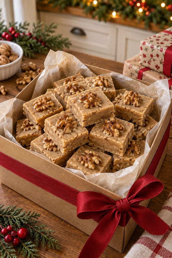 Maple walnut fudge squares stacked in a parchment-lined box