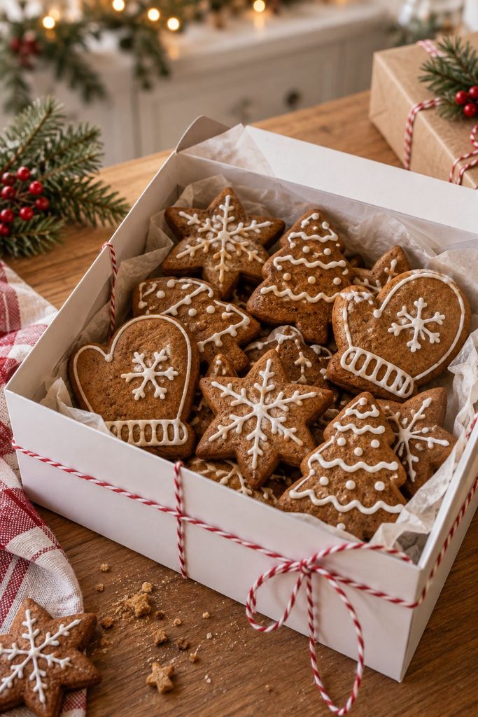 Iced gingerbread cookies in a white bakery box tied with twine