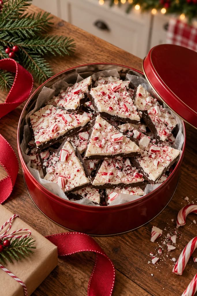 Peppermint bark packed in a red Christmas tin