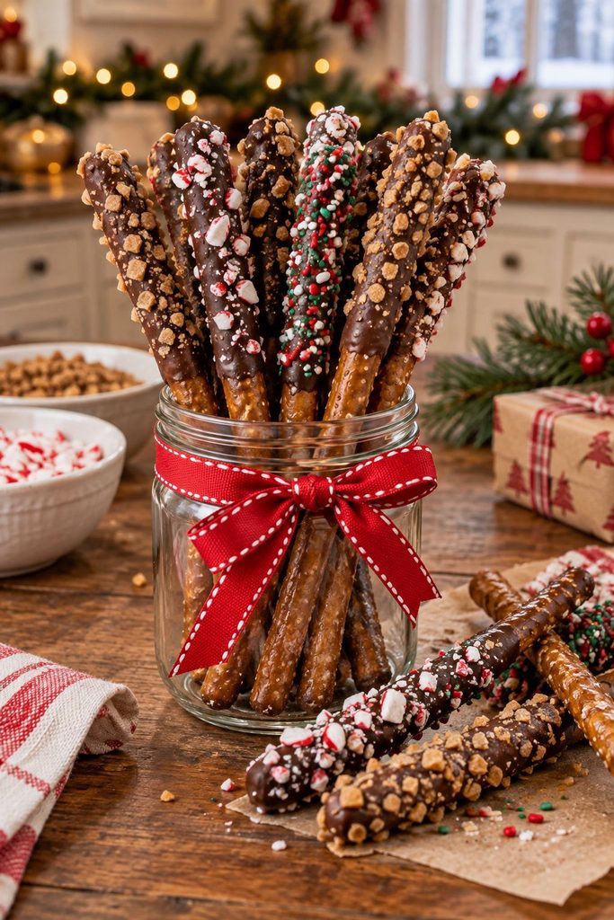 Chocolate-dipped pretzel rods with toffee bits and sprinkles in a jar
