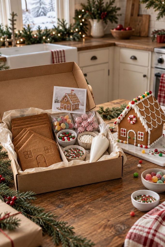 Half-decorated gingerbread house surrounded by bowls of candy