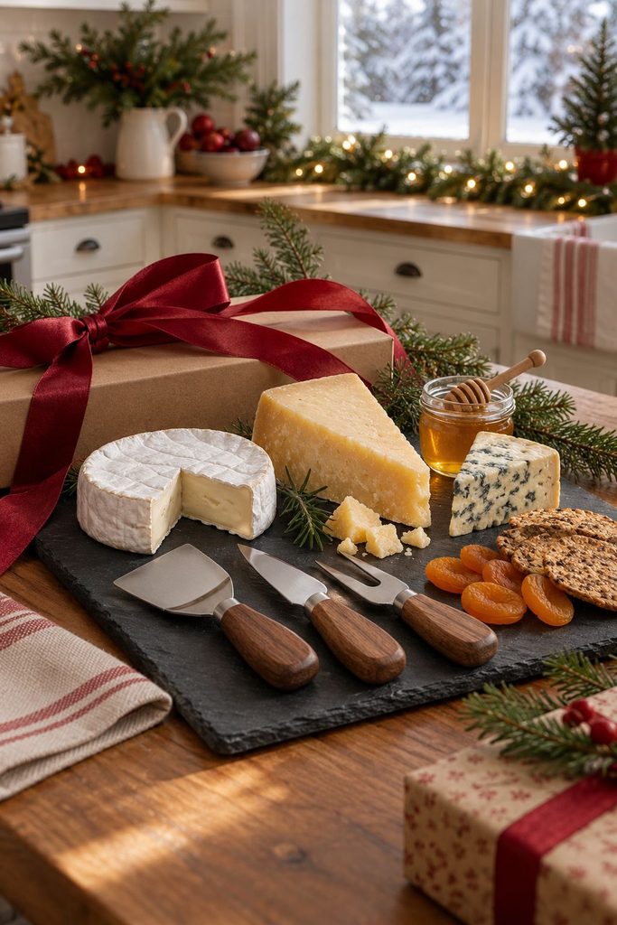 Cheese board gift set with three cheeses, knives, honey, and dried apricots
